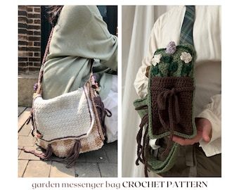 garden messenger bag // crochet pattern // cottagecore bag with flowers, pockets & adjustable straps •  crochet messenger bag pattern