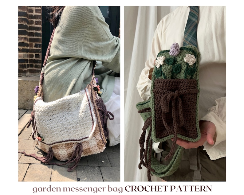 Peut inclure: Patron de crochet pour un sac messager de jardin. Le sac est r&eacute;alis&eacute; en fil brun, vert et blanc et pr&eacute;sente un motif floral. Le patron comprend des instructions pour crocheter le sac et les embellissements floraux.