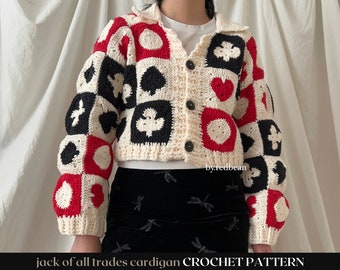 jack of all trades cardigan // crochet pattern // spade, heart, club & diamond playing cards • crochet cardigan pattern