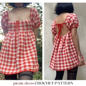 May include: A red and white gingham crochet dress with a square neckline and puff sleeves. The dress has a tie at the back and a loose fit.