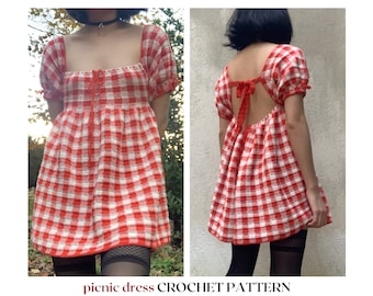 picnic dress // crochet pattern // cottagecore babydoll style gingham dress • crochet dress pattern