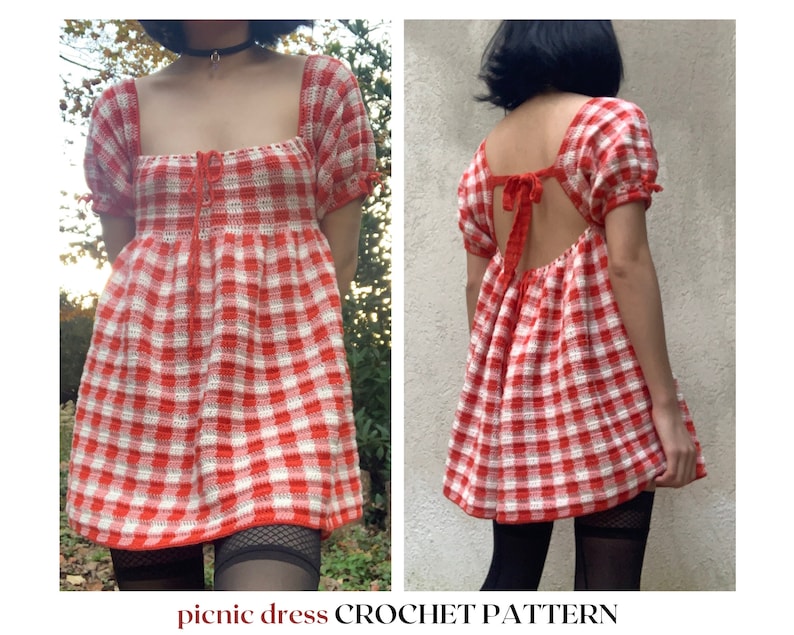 May include: A red and white gingham crochet dress with a square neckline and puff sleeves. The dress has a tie at the back and a loose fit.