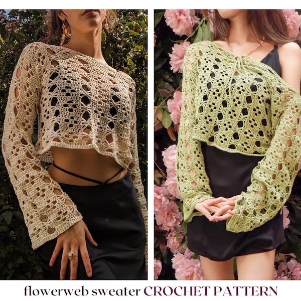 Pull toile de fleurs // modèle au crochet // modèle au crochet de pull en résille • modèle de pull au crochet de l'an 2000