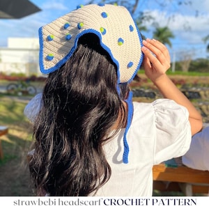 strawbebi headscarf // crochet pattern // cute strawberry kerchief bandana • crochet bandana pattern