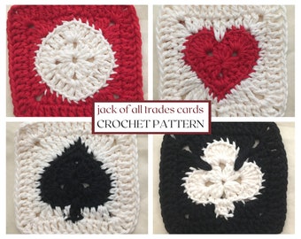 jack of all trades cards // crochet pattern // playing card suits • spade, diamond, heart & club crochet granny square pattern