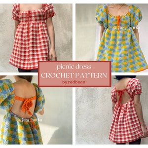 picnic dress // crochet pattern // cottagecore babydoll style gingham dress • crochet dress pattern