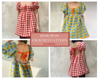 picnic dress // crochet pattern // cottagecore babydoll style gingham dress • crochet dress pattern