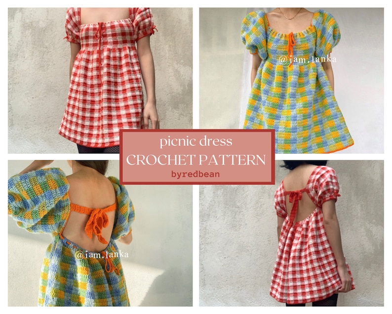 picnic dress // crochet pattern // cottagecore babydoll style gingham dress crochet dress pattern image 1