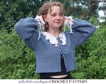 jellyfish cardigan // crochet pattern // cottagecore frilly cardigan with bows • crochet cardigan pattern