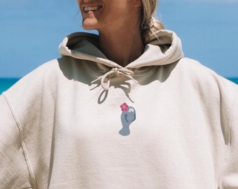 Manatee Hoodie EMBROIDERED Hibiscus Hoodie Beach Hoodie Manatees Coconut Girl Preppy Stuff Ocean Inspired Style Respect the Locals Beach Bum