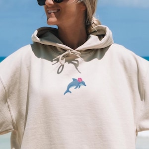 Dolphin Hoodie EMBROIDERED Hibiscus Hoodie Hawaii Hoodie Beach Hoodie Coconut Girl Clothes Ocean Inspired Style Dolphins Hoodie Dolphin Gift