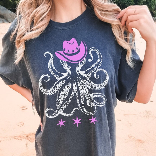 Coastal Cowgirl Shirt Octopus Shirt Pink Cowgirl Hat Surfs Up Cowgirl Hot Cowgirl Summer Costal Comfort Colors Beach Shirt Coastal Aesthetic