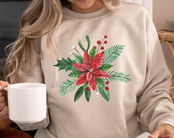 Poinsettia Sweater Holiday Sweater Christmas Sweater Poinsettia Sweatshirt Winter Cottage Core Sweater Botanical Sweater Cottagecore Sweater