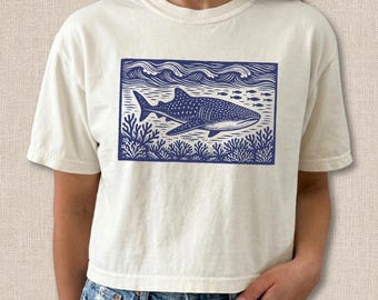 Vintage Linocut Style Whale Shark Shirt Comfort Colors Crop Top Boxy Tee 3023CL T-shirt Shark Week Respect The Locals