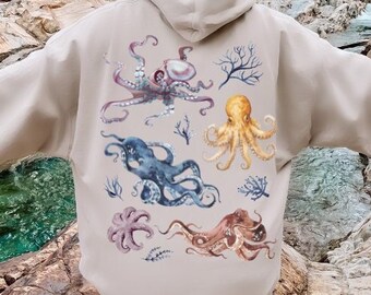 Octopus Hoodie Octopus Gifts Save The Ocean Beach Hoodie Marine Biology Surf Hoodie Marine Life Back Print Hoodie Beachy Hoodie Coconut Girl