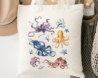 Octopus Tote Bag Octopus Bag Marine Life Tote Bag Beach Tote Everyday Bag Beach Bag Aesthetic Cute Tote Bags Nautical Tote Bag Octopus Gifts
