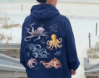 Octopus Hoodie Octopus Gifts Save The Ocean Beach Hoodie Marine Biology Surf Hoodie Marine Life Back Print Hoodie Beachy Hoodie Coconut Girl