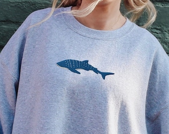 Embroidered Whale Shark Sweatshirt Whale Shark Sweater Shark Crewneck Cute Shark Sweatshirt Shark Week Beachy Marine Biology Gift Beach