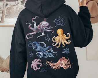 Octopus Hoodie Octopus Gifts Save The Ocean Beach Hoodie Marine Biology Surf Hoodie Marine Life Back Print Hoodie Beachy Hoodie Coconut Girl