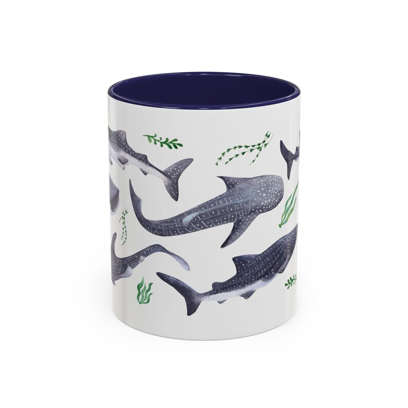 Watercolor whales sharks swimming with seaweed around covering all around the mug