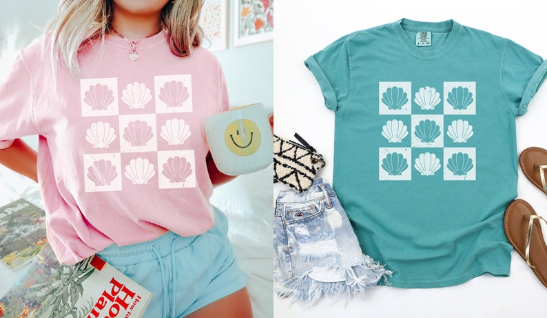 Retro Seashells on a trendy checker pattern on comfort colors shirts