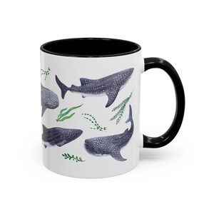Watercolor whales sharks swimming with seaweed around covering all around the mug
