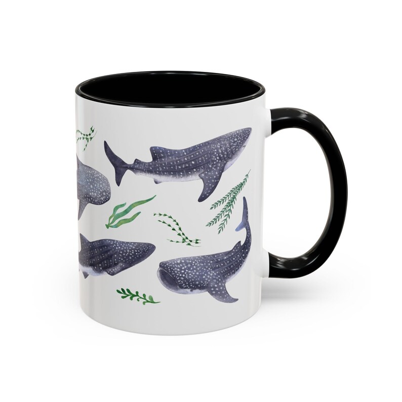 Watercolor whales sharks swimming with seaweed around covering all around the mug