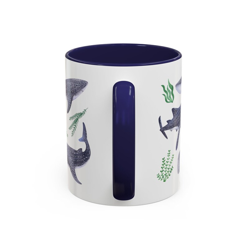 Watercolor whales sharks swimming with seaweed around covering all around the mug