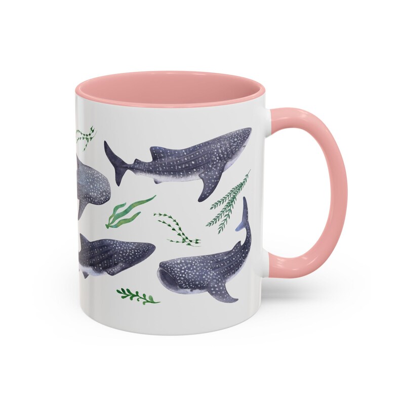 Watercolor whales sharks swimming with seaweed around covering all around the mug