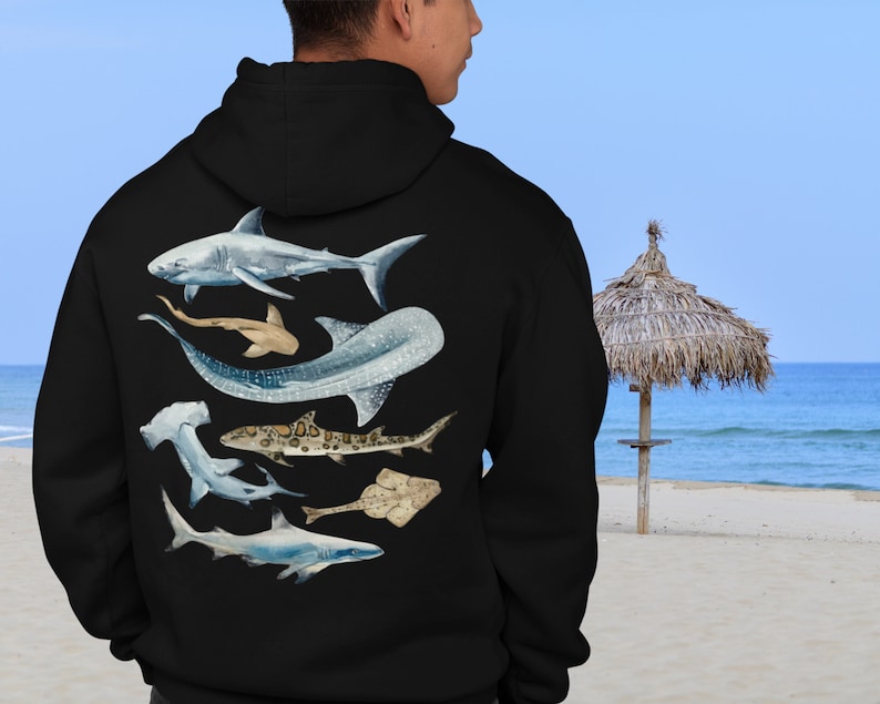 Shark Hoodie Shark Lovers Gift Shark Week Beach Hoodie Marine Biology Gift Marine Life Shark Art Sharks Whale Shark Great White Shark Gifts Black