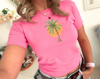 Palm Tree Baby Tee Palm Tree Shirt Vintage Summer Iconic 90s Baby Tee y2k Baby Tee Coconut Girl Beach Aesthetic Coastal Grandma Art Baby Tee