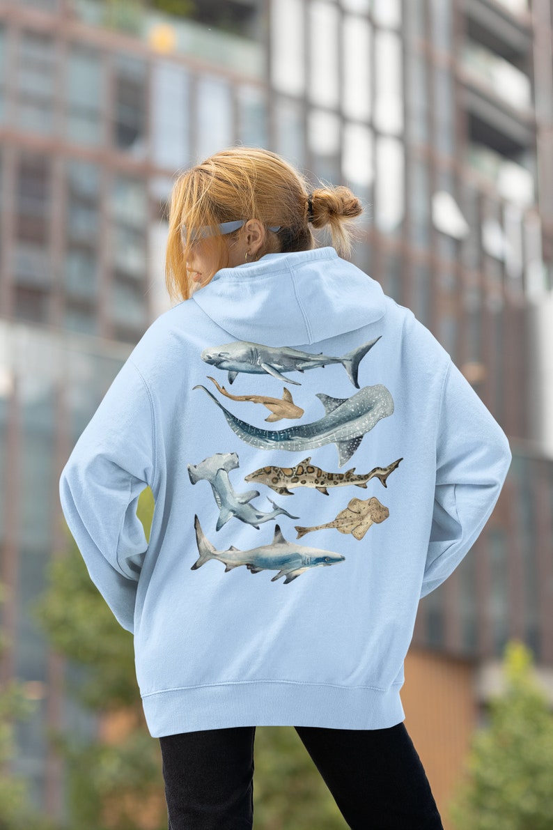 Shark Hoodie Shark Lovers Gift Shark Week Beach Hoodie Marine Biology Gift Marine Life Shark Art Sharks Whale Shark Great White Shark Gifts Light Blue