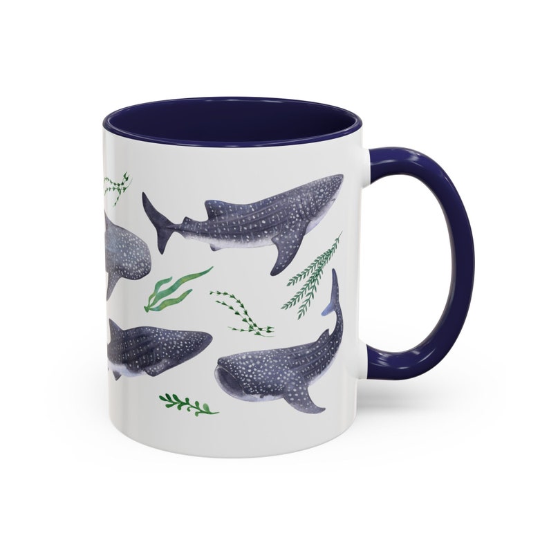 Watercolor whales sharks swimming with seaweed around covering all around the mug