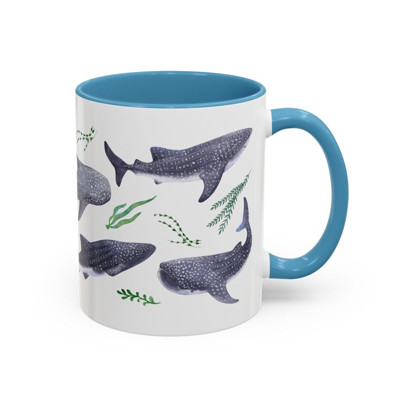 Watercolor whales sharks swimming with seaweed around covering all around the mug
