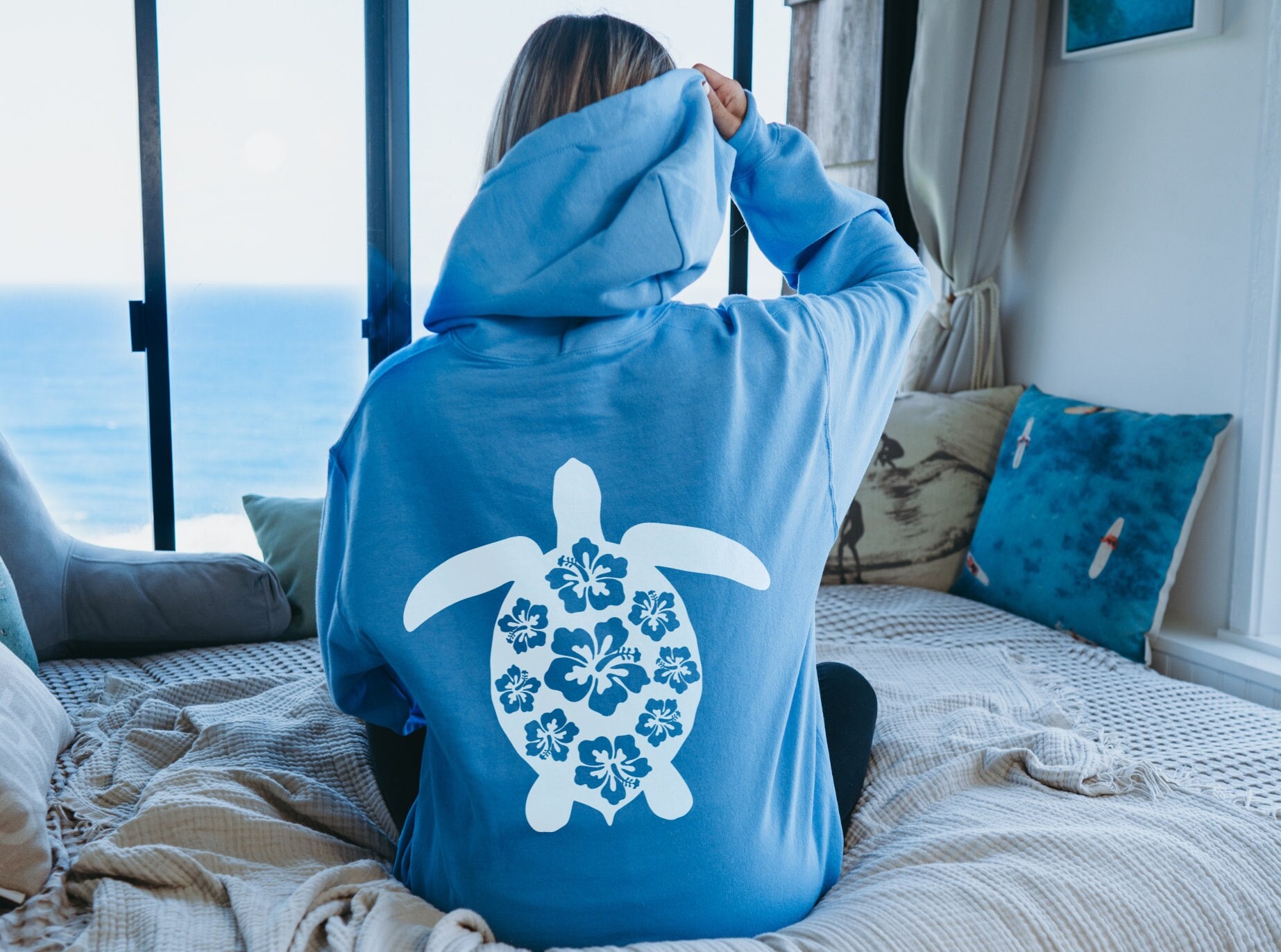 Nauru Sherpa Hoodie Sea Turtle With Blooming Hibiscus Flowers Reggae main image 0