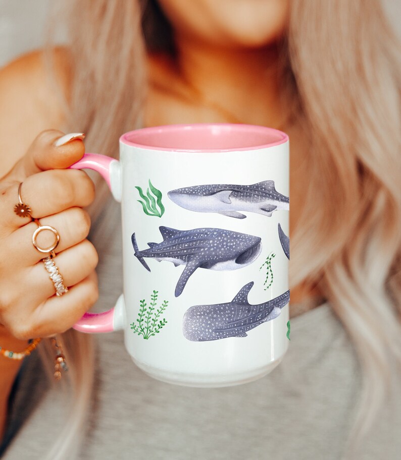 Watercolor whales sharks swimming with seaweed around covering all around the mug