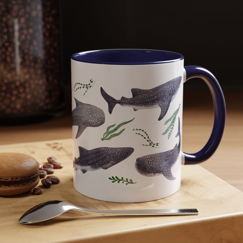 Watercolor whales sharks swimming with seaweed around covering all around the mug
