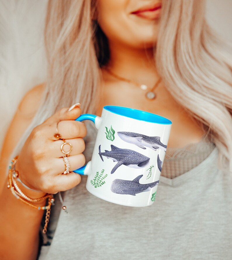 Watercolor whales sharks swimming with seaweed around covering all around the mug