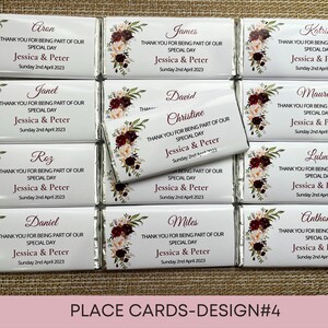 wedding place cards, wedding chocolate bars, wedding favours, personalised chocolate bars, wedding bonbonniere, place cards, party favours