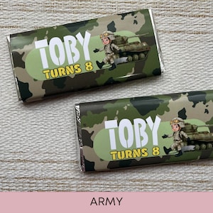 personalised chocolate bars, army party favours, party favours, soldier birthday ideas, birthday favours, army theme, soldier party favours