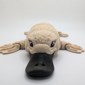 May include: A 3D printed model of a platypus, a unique Australian mammal. The model is beige with a black beak and eyes.