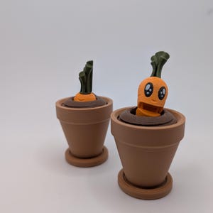 Puede incluir: Dos pequeñas macetas de terracota con caras de zanahoria de dibujos animados asomando por la tierra. Las zanahorias tienen hojas verdes y ojos marrones.