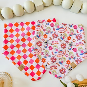 Lizzie Dog Bandana | Hey Now Dog Bandana | Pink + Orange Check Dog Bandana | Character Dog Bandana | Reversible Dog Bandana | Snap Bandana