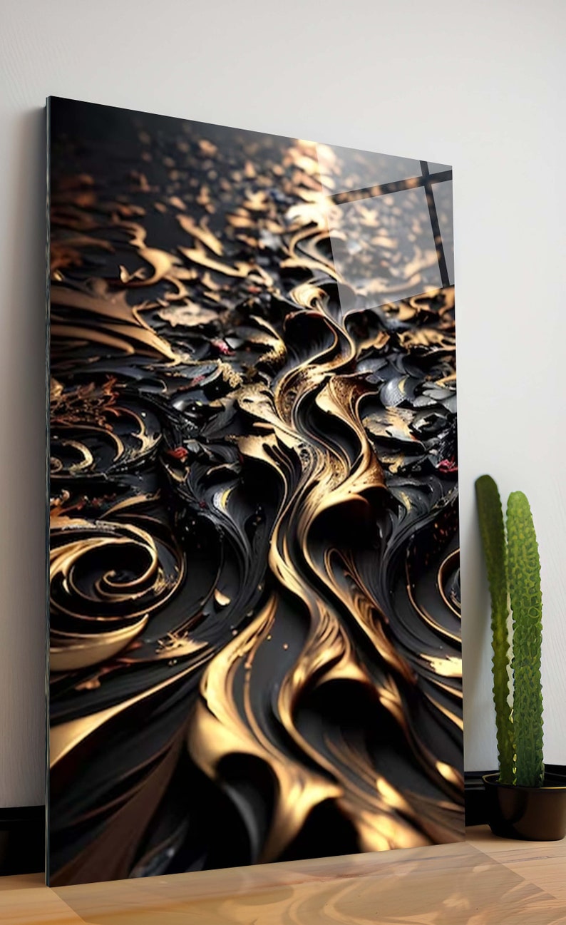 Tempered Glass Wall Art Abctract Gold and Black Vertical - Etsy