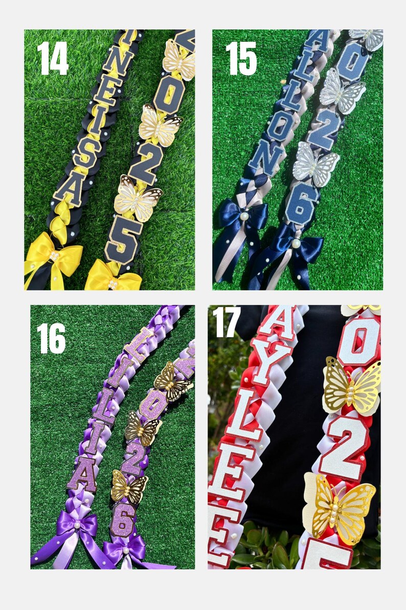 May include: Four graduation leis with names and the year 2025 or 2026. Each lei features a different color scheme, including black and yellow, blue and silver, purple and gold, and red and white. Gold butterfly accents are included.