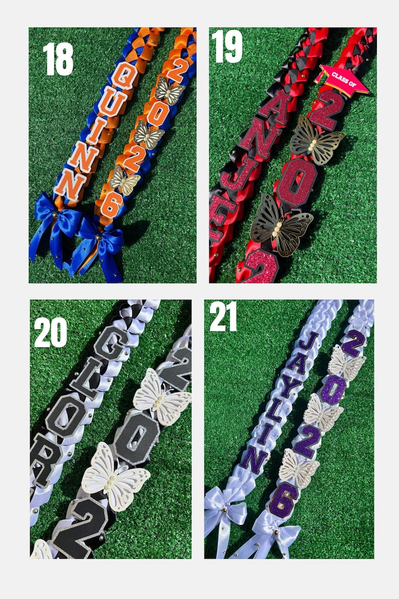 May include: Four graduation leis with names and the year 2026. The leis are in various colors, including blue, red, black, and white, and are decorated with butterfly accents and bows. Each lei has a different name.