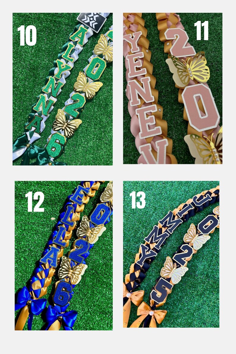 May include: Four graduation leis with names and the year 2026, 2020, and 2022. The leis are in various colors, including green, pink, blue, and black, with gold butterfly accents and bows.