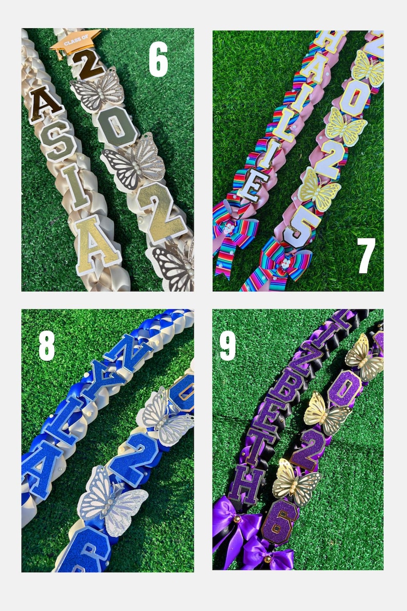 May include: A collection of graduation leis with names and the year 2022. Each lei features a different color scheme, butterfly accents, and the name of the graduate. The leis are displayed on a green background.
