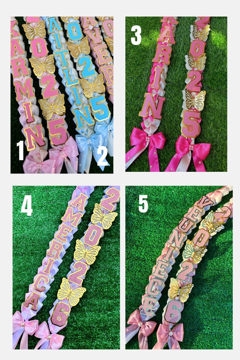 May include: A collage of five graduation leis. Each lei features a ribbon base with gold butterfly accents and the year "2025" or "2026". The leis are adorned with letters spelling out "ARIZONA", "AMERICA", and "JUNE". Each lei has a bow at the bottom.