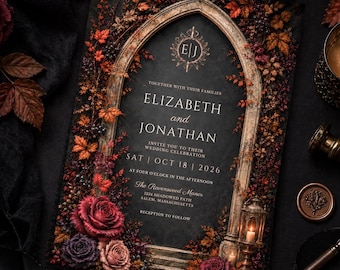 May include: A rectangular wedding invitation card featuring a dark background with an ornate gothic archway frame. The design includes autumn leaves, dark roses, and a lantern. Text reads: Elizabeth and Jonathan, Sat Oct 18 2026, The Ravenswood Manor.